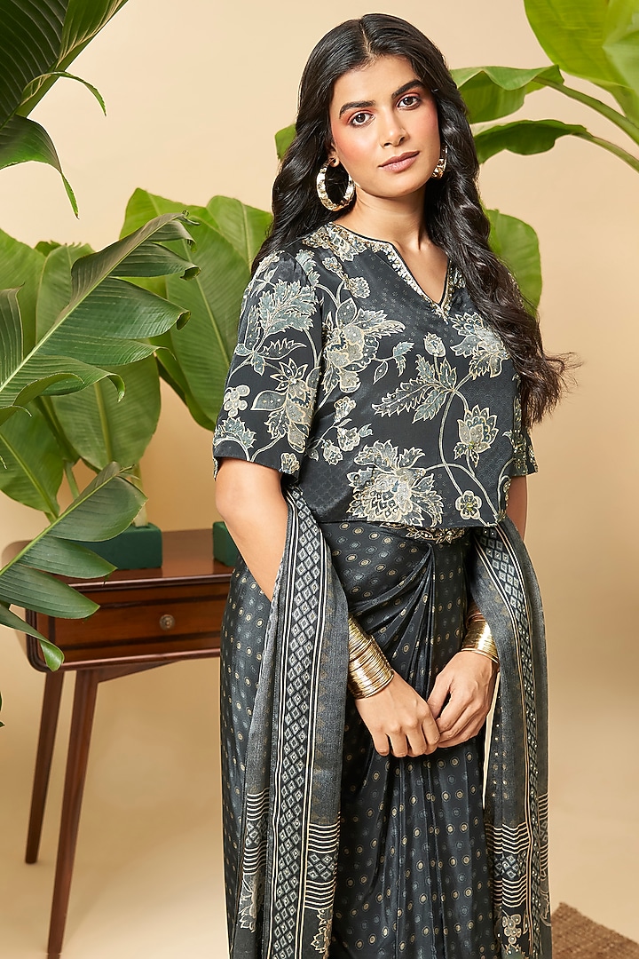 Charcoal Black Bemberg Crepe Front-Pleated Skirt Set by Vidhi By A La Mode at Pernia's Pop Up Shop