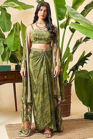 Olive Green Bemberg Crepe Floral Printed Skirt Set by Vidhi By A La Mode