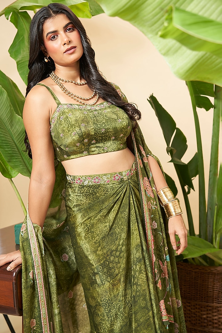 Olive Green Bemberg Crepe Floral Printed Skirt Set by Vidhi By A La Mode at Pernia's Pop Up Shop