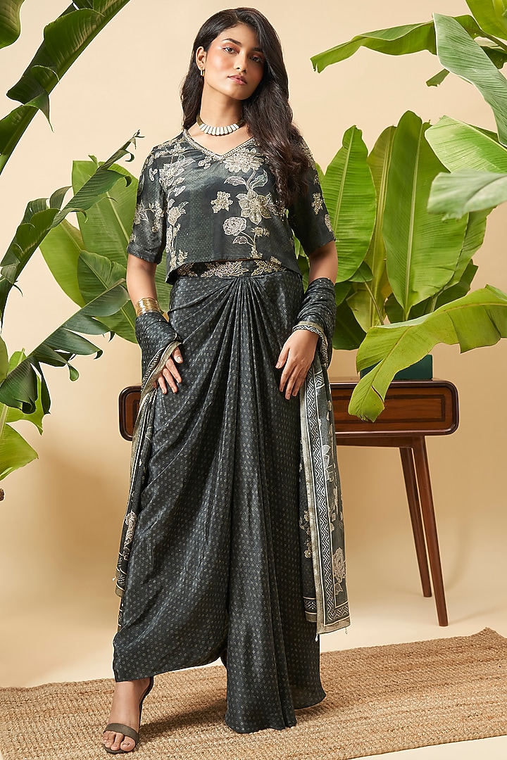 Ebony Black Bemberg Crepe Front-Pleated Skirt Set by Vidhi By A La Mode at Pernia's Pop Up Shop