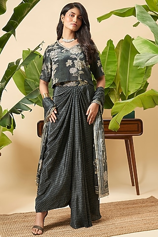 Ebony Black Bemberg Crepe Front-Pleated Skirt Set by Vidhi By A La Mode