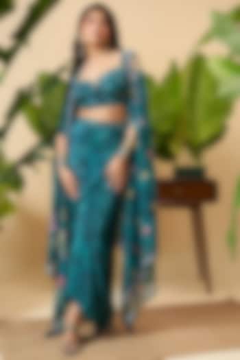 Teal Blue Bemberg Crepe Floral Embroidered Draped Skirt Set by Vidhi By A La Mode at Pernia's Pop Up Shop