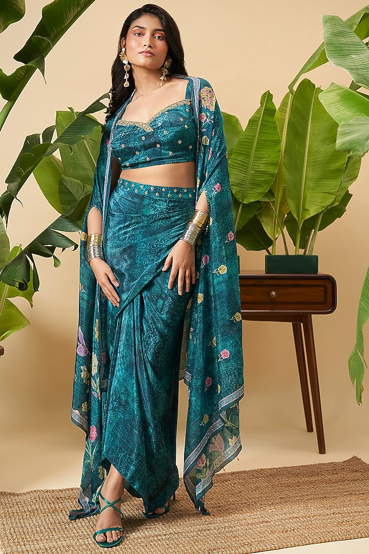 Teal Blue Bemberg Crepe Floral Embroidered Draped Skirt Set by Vidhi By A La Mode at Pernia's Pop Up Shop