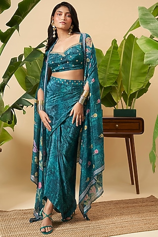 Teal Blue Bemberg Crepe Floral Embroidered Draped Skirt Set by Vidhi By A La Mode