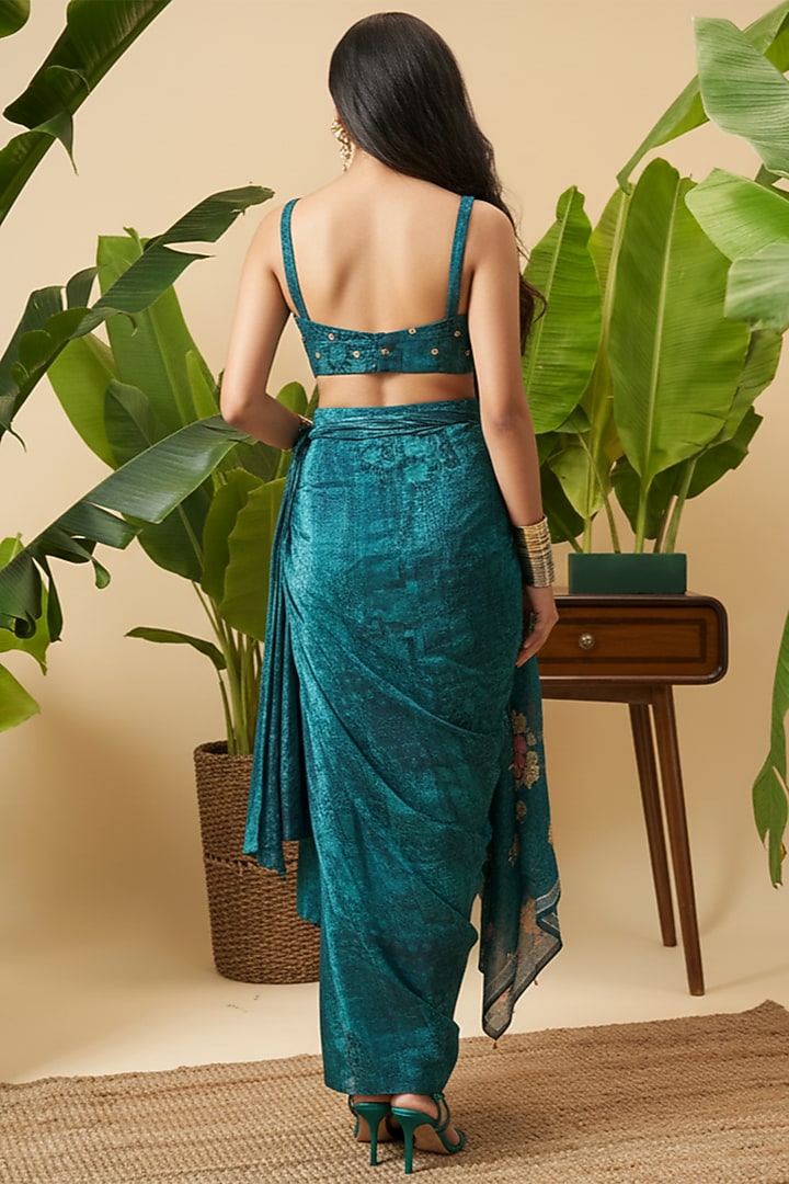 Teal Blue Bemberg Crepe Floral Embroidered Draped Skirt Set by Vidhi By A La Mode at Pernia's Pop Up Shop
