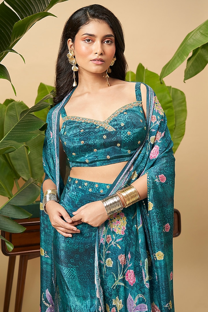 Teal Blue Bemberg Crepe Floral Embroidered Draped Skirt Set by Vidhi By A La Mode at Pernia's Pop Up Shop