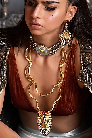 Gold Plated Swarovski Crystals Egyptian Feather Earrings by Valliyan By Nitya Arora