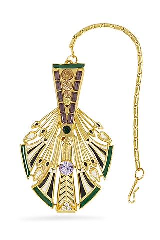 Gold Plated Swarovski Crystals Feather Maang Tikka by Valliyan By Nitya Arora