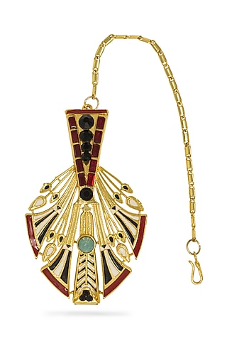 Gold Plated Feather Maang Tikka With Swarovski Crystals by Valliyan By Nitya Arora