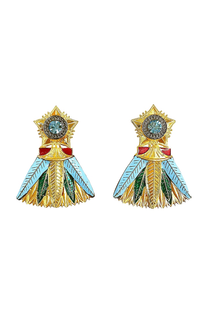 Gold Plated Leaf Earrings With Swarovski Crystals by Valliyan By Nitya Arora