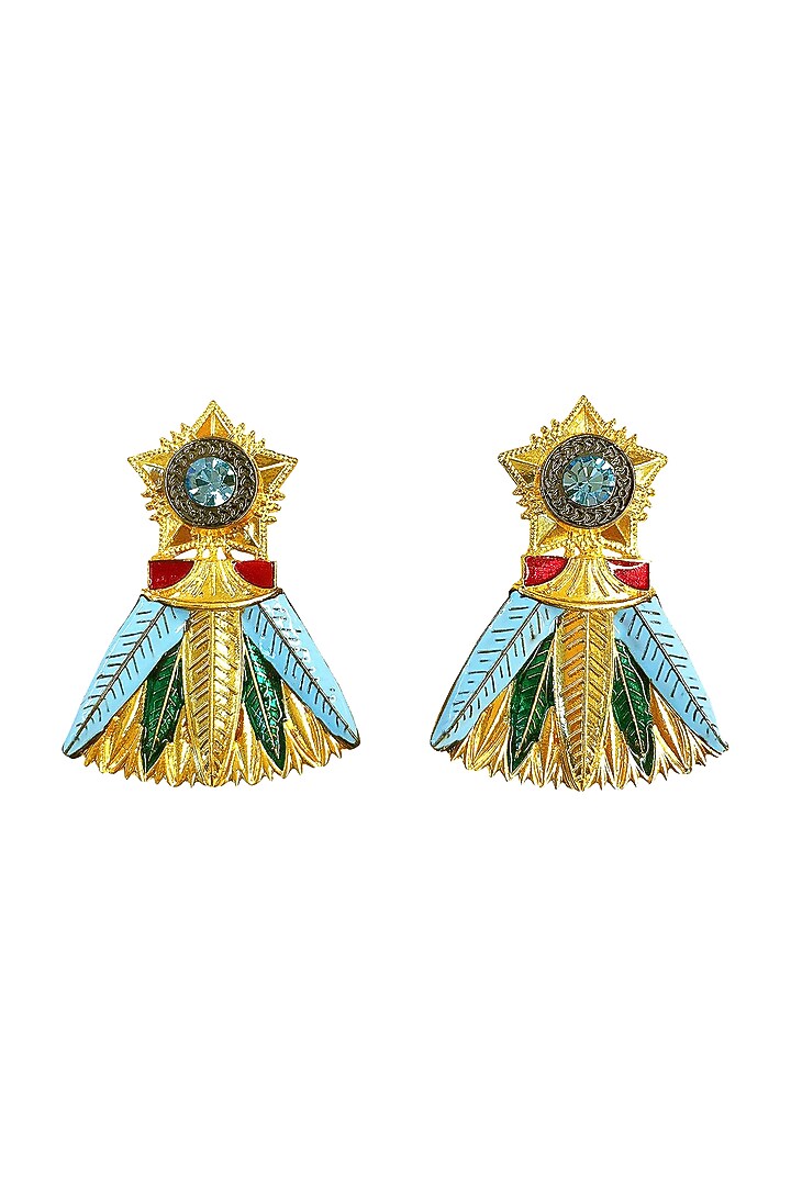 Gold Plated Leaf Earrings With Swarovski Crystals by Valliyan By Nitya Arora at Pernia's Pop Up Shop