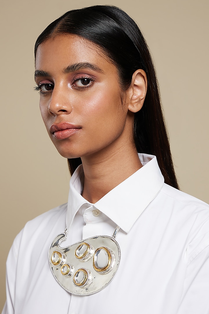 Two Tone Plated Glass Polki Paisley Necklace by Valliyan By Nitya Arora
