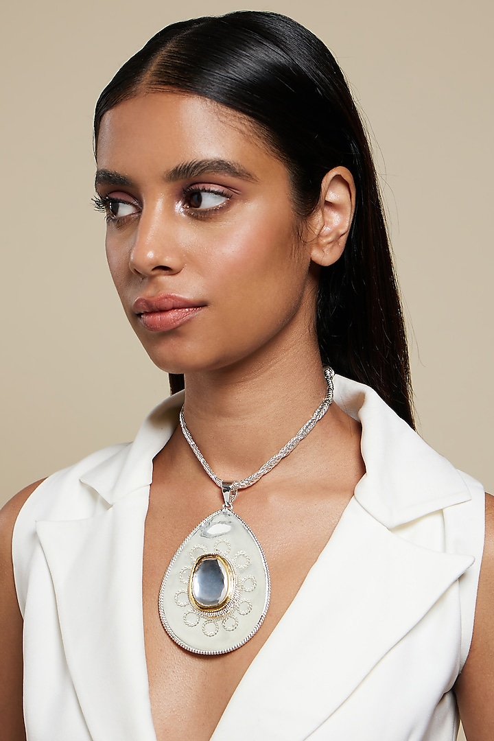 Two Tone Plated Glass Polki Egg Medallion Necklace by Valliyan By Nitya Arora