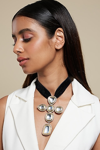Two Tone Plated Glass Polki Cross Choker Necklace by Valliyan By Nitya Arora