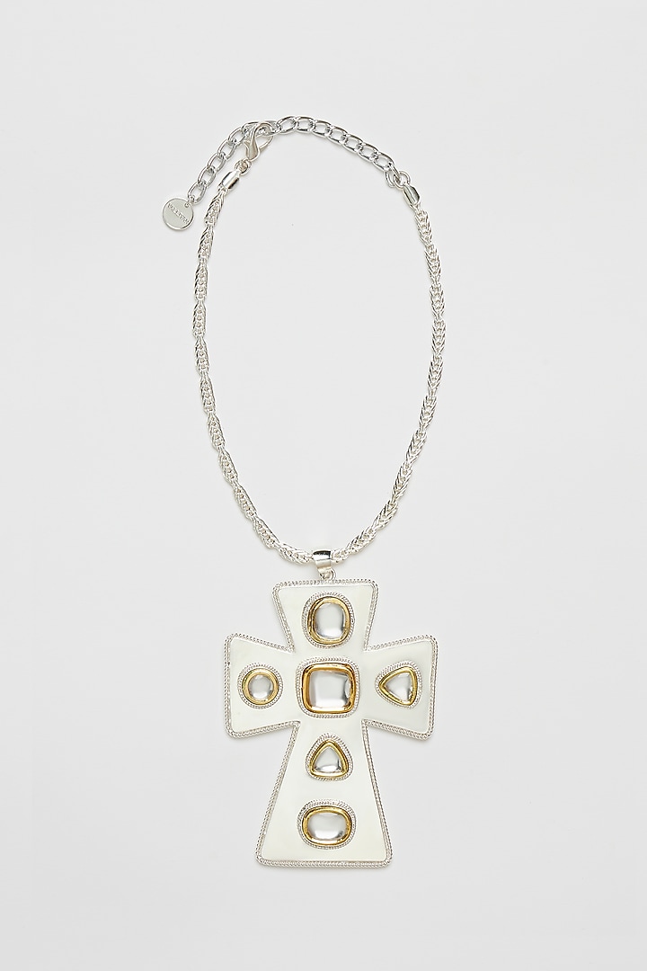 Two Tone Plated Glass Polki Pope Medallion Necklace by Valliyan By Nitya Arora at Pernia's Pop Up Shop
