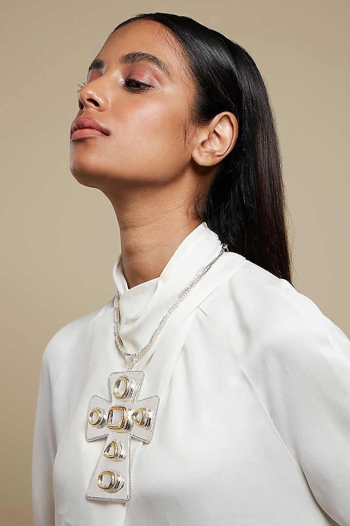 Two Tone Plated Glass Polki Pope Medallion Necklace by Valliyan By Nitya Arora