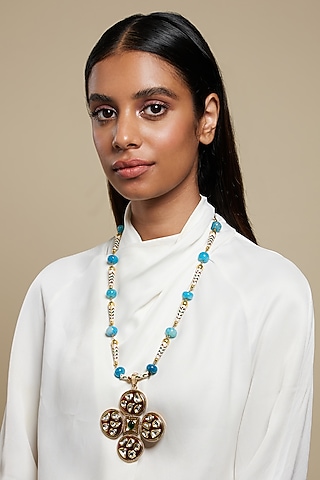 Two Tone Plated Glass Polki Pope Necklace by Valliyan By Nitya Arora