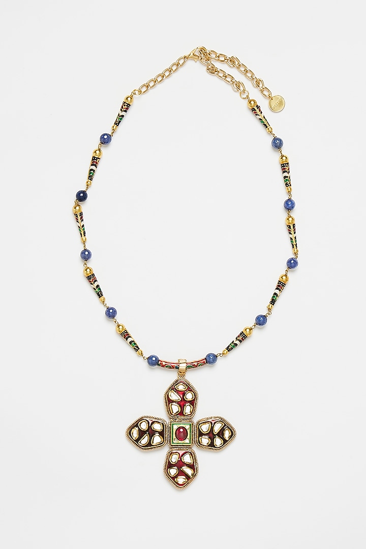 Two Tone Plated Glass Polki Pope Necklace by Valliyan By Nitya Arora at Pernia's Pop Up Shop