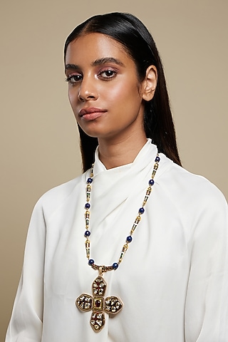 Two Tone Plated Glass Polki Pope Necklace by Valliyan By Nitya Arora