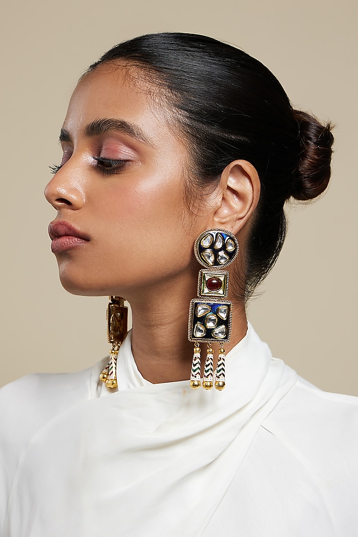 Two Tone Plated Glass Polki Mosaic Earrings by Valliyan By Nitya Arora