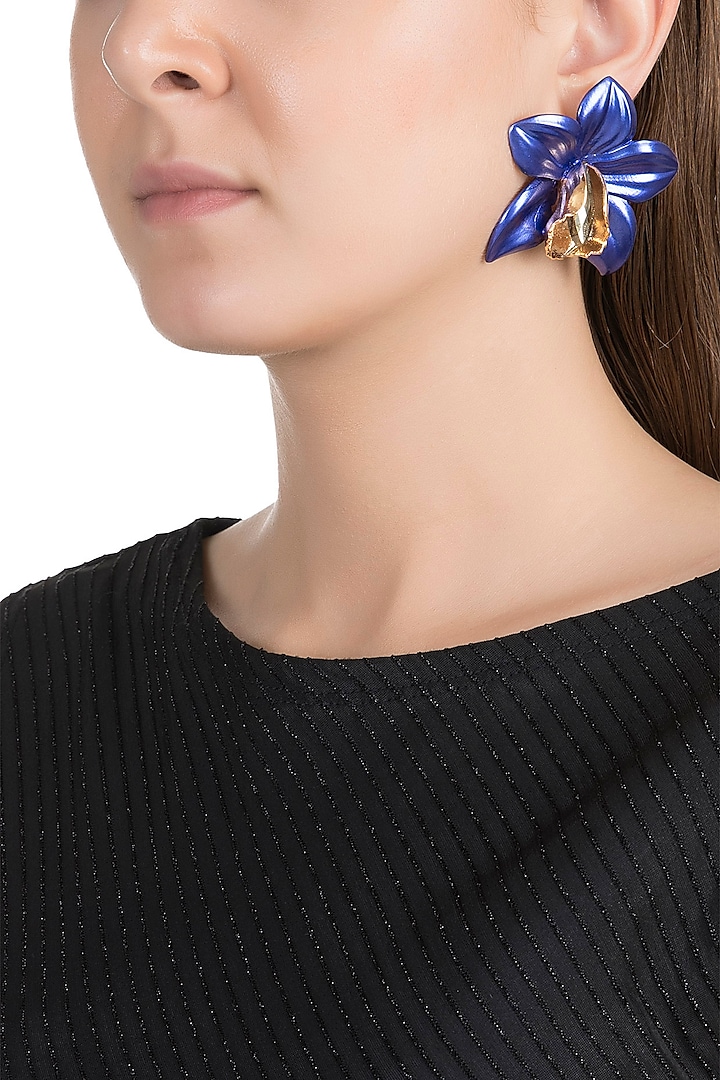 Gold Plated Metallic Blue Orchid Stud Earrings by Valliyan by Nitya Arora