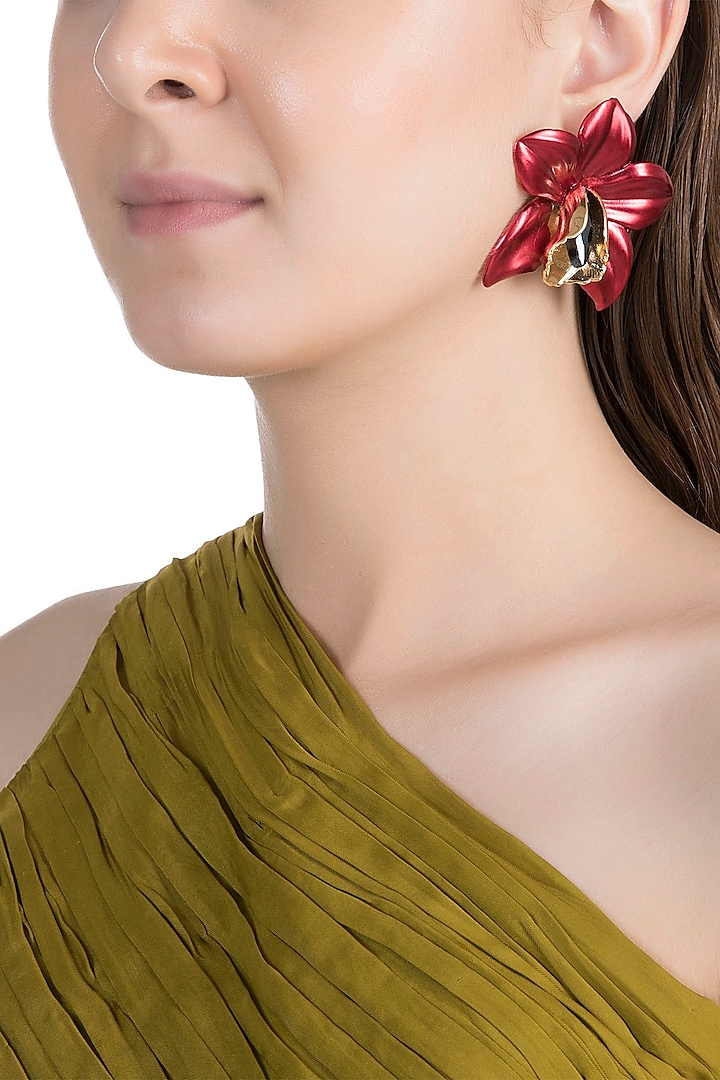 Gold Plated Metallic Red Orchid Stud Earrings by Valliyan by Nitya Arora