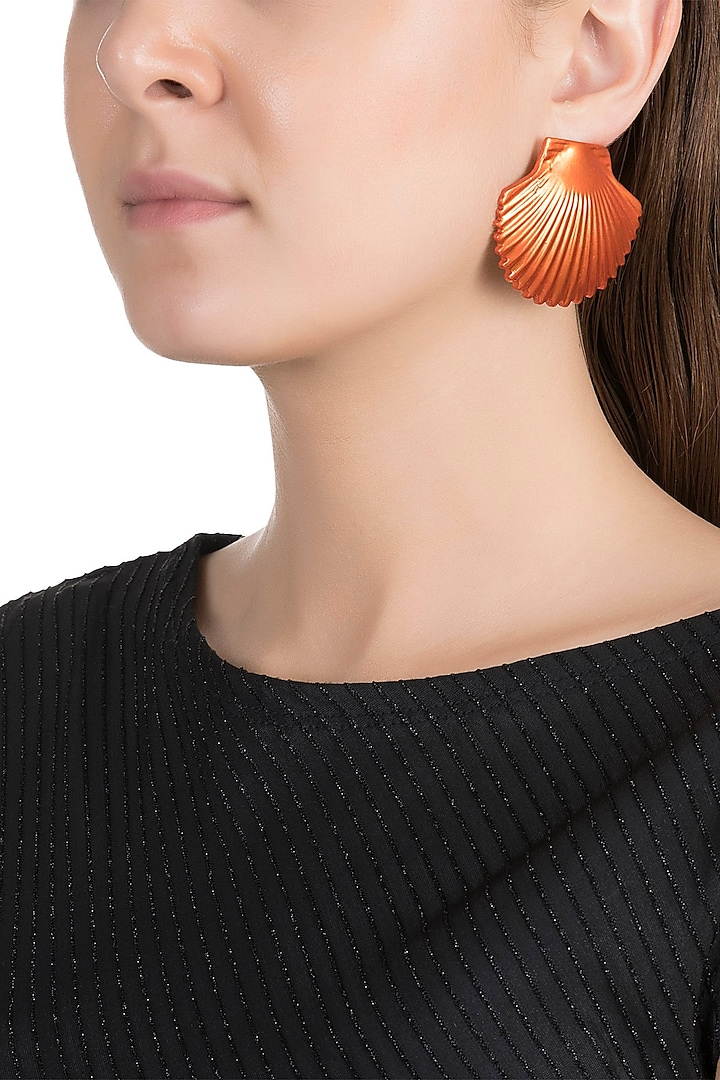 Gold Plated Metallic Orange Shell Stud Earrings by Valliyan by Nitya Arora