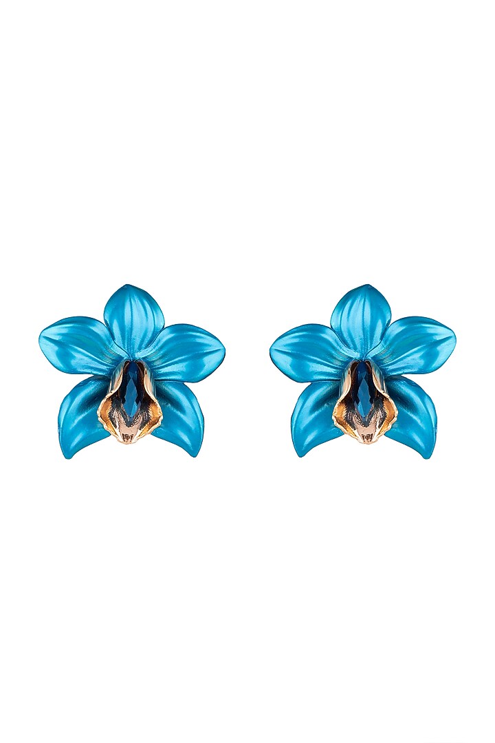 Gold Plated Metallic Turquoise Orchid Stud Earrings by Valliyan by Nitya Arora at Pernia's Pop Up Shop