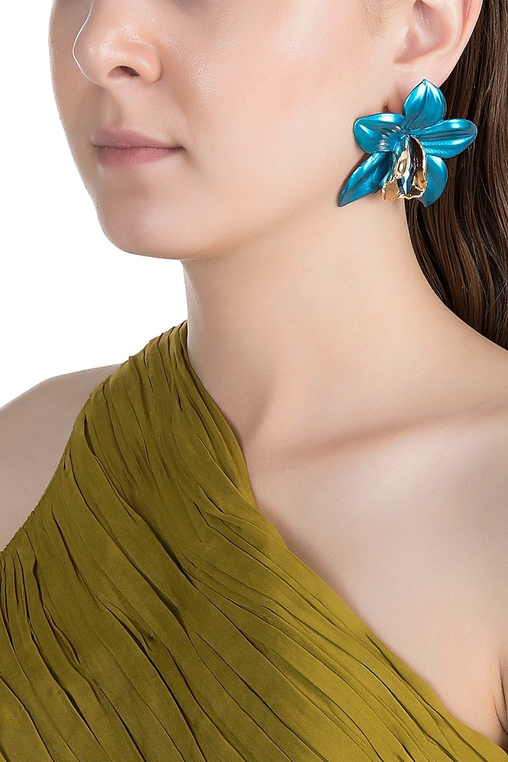 Gold Plated Metallic Turquoise Orchid Stud Earrings by Valliyan by Nitya Arora