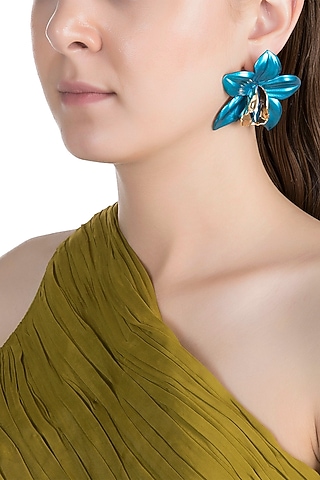 Gold Plated Metallic Turquoise Orchid Stud Earrings by Valliyan by Nitya Arora