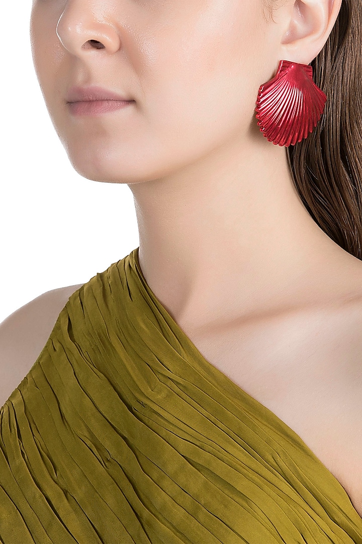 Gold Plated Metallic Red Shell Stud Earrings by Valliyan by Nitya Arora