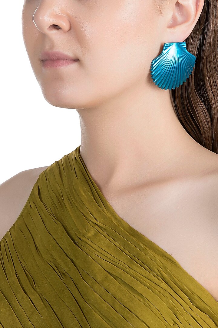 Gold Plated Metallic Turquoise Shell Stud Earrings by Valliyan by Nitya Arora