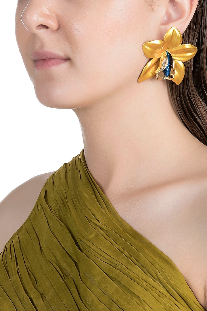 Gold Plated Metallic Yellow Orchid Stud Earrings by Valliyan by Nitya Arora