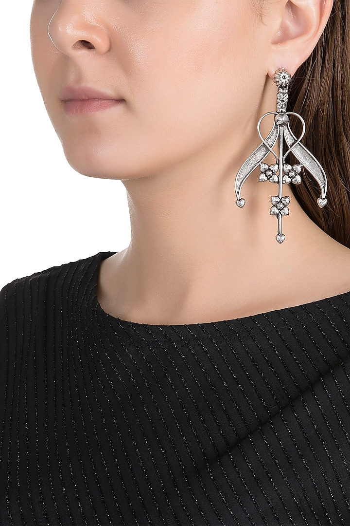Silver Finish Antique Tribal Lily Earrings by Valliyan by Nitya Arora