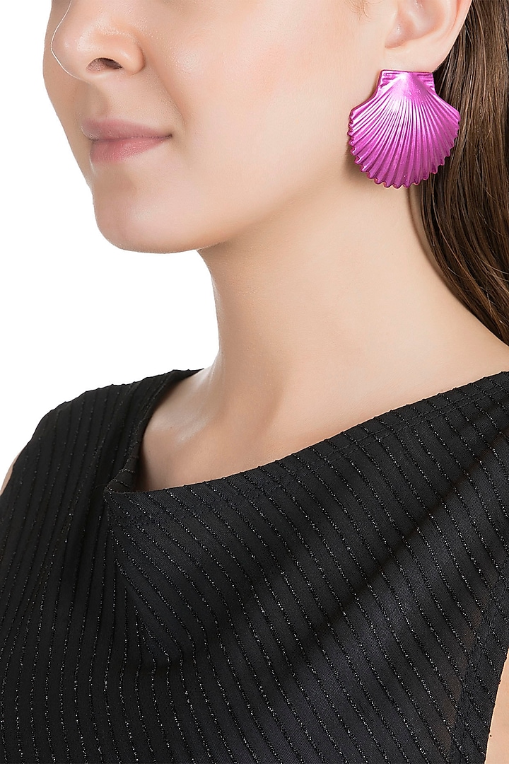 Gold Plated Metallic Pink Shell Stud Earrings by Valliyan by Nitya Arora
