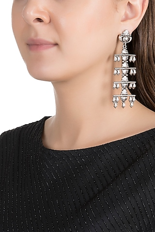 Silver Finish Antique Tribal Long Earrings by Valliyan by Nitya Arora