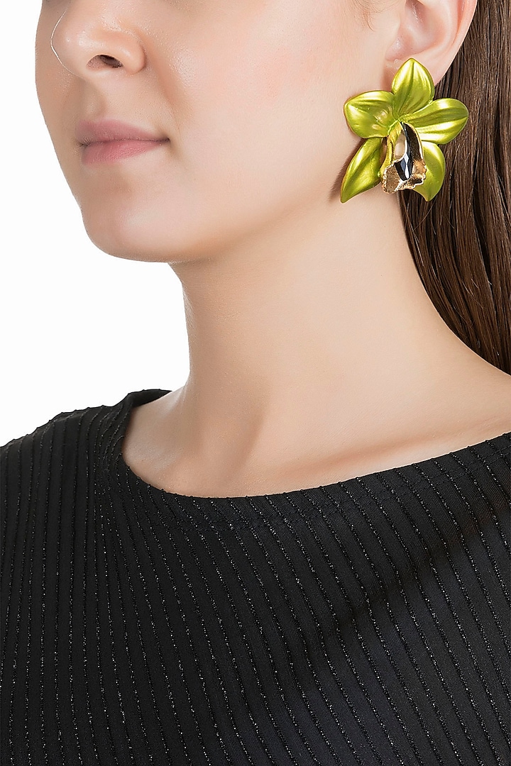 Gold Plated Metallic Lime Green Orchid Stud Earrings by Valliyan by Nitya Arora