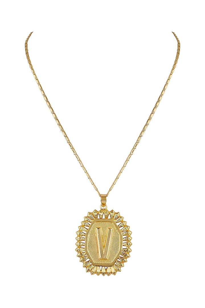 Gold Finish Initial Round Pendant Necklace by Valliyan by Nitya Arora