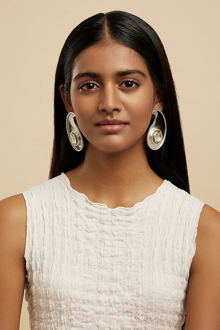 White Rhodium Plated Glass Polki Paisley Stud Earrings by Valliyan By Nitya Arora