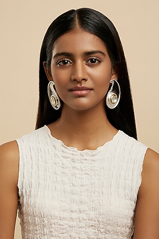 White Rhodium Plated Glass Polki Paisley Stud Earrings by Valliyan By Nitya Arora