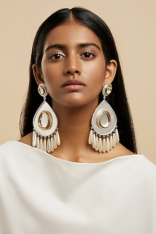 White Rhodium Plated Glass Polki Chandelier Earrings by Valliyan By Nitya Arora