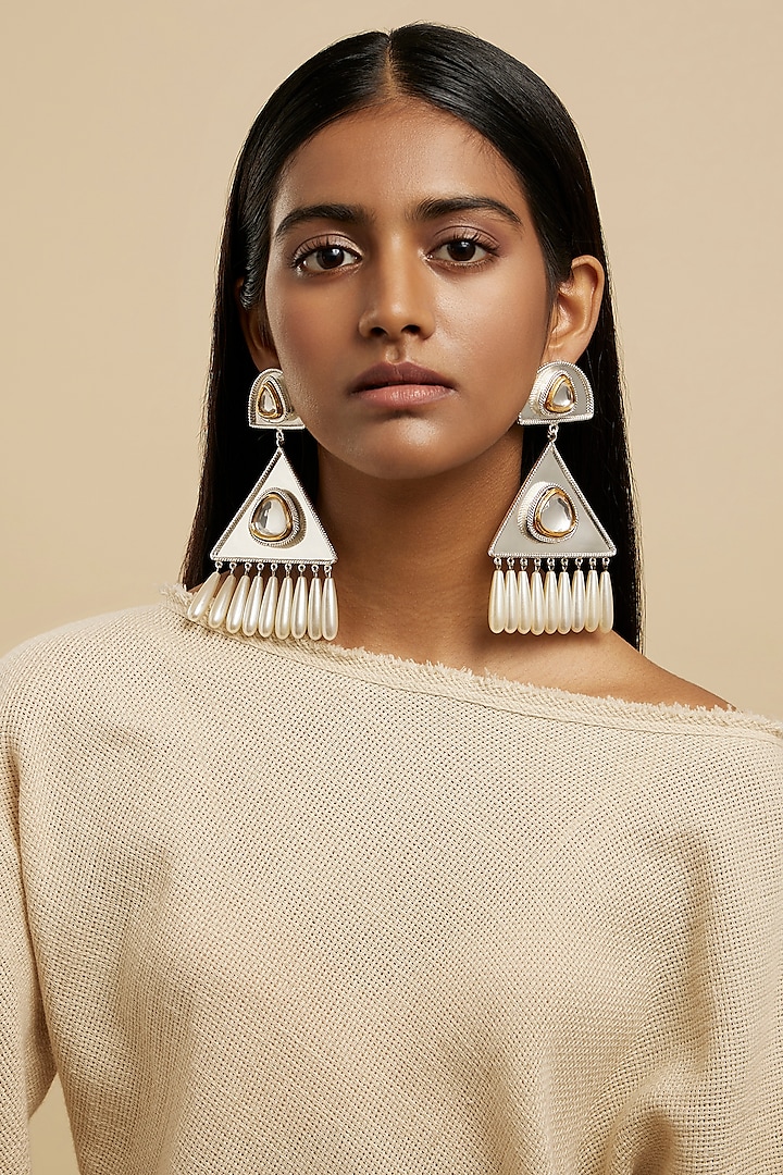 White Rhodium Plated Glass Polki Chandelier Earrings by Valliyan By Nitya Arora