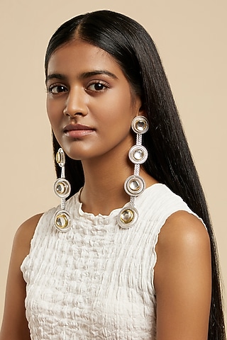 White Rhodium Plated Glass Polki Dangler Earrings by Valliyan By Nitya Arora