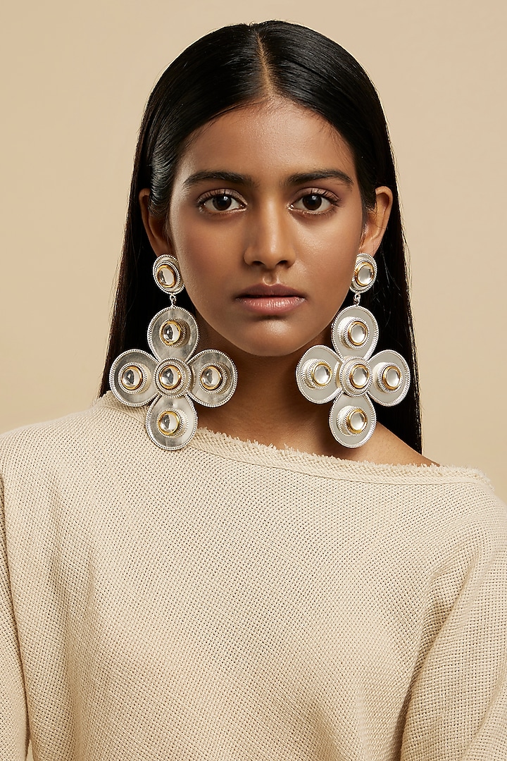 White Rhodium Plated Glass Polki Floral Dangler Earrings by Valliyan By Nitya Arora