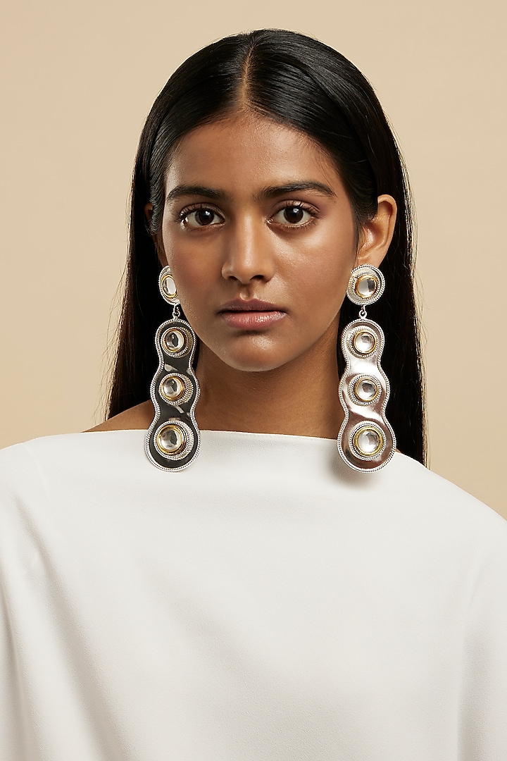 White Rhodium Plated Glass Polki Dangler Earrings by Valliyan By Nitya Arora