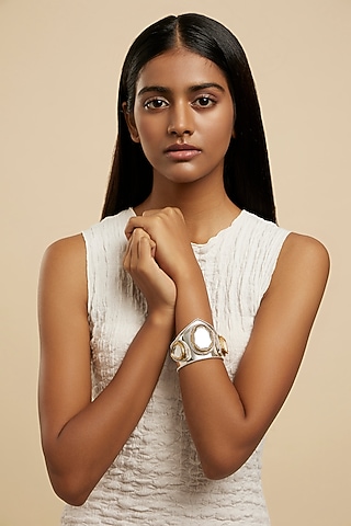 White Rhodium Plated Glass Polki Cuff by Valliyan By Nitya Arora