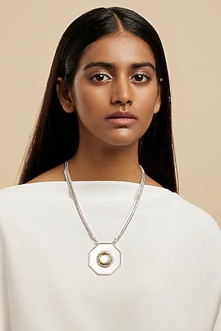 White Rhodium Plated Glass Polki Hexagon Pendant Necklace by Valliyan By Nitya Arora