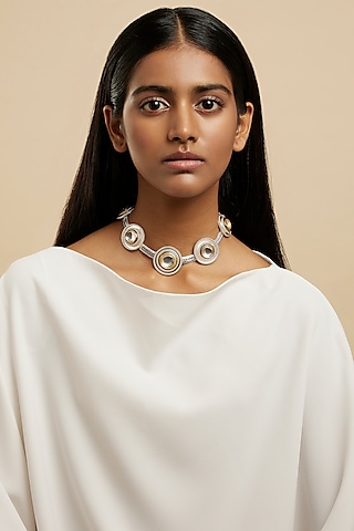 White Rhodium Plated Glass Polki Dot Necklace by Valliyan By Nitya Arora