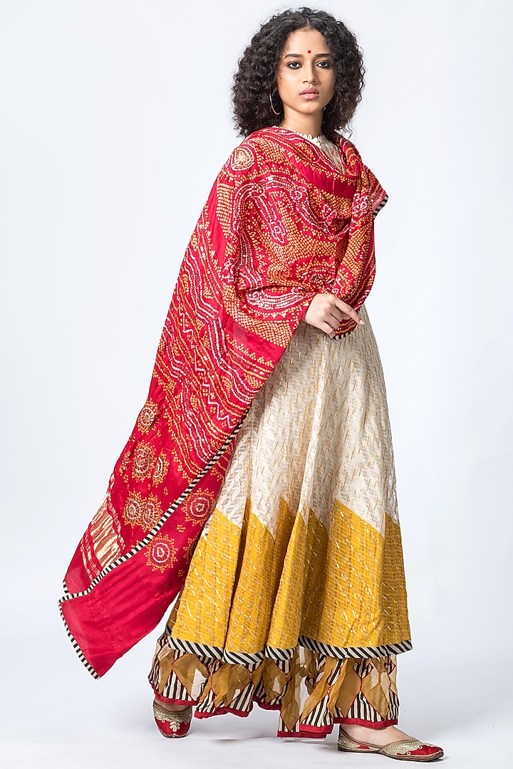 Ivory & Mustard Embroidered Anarkali Set by Verb by Pallavi Singhee