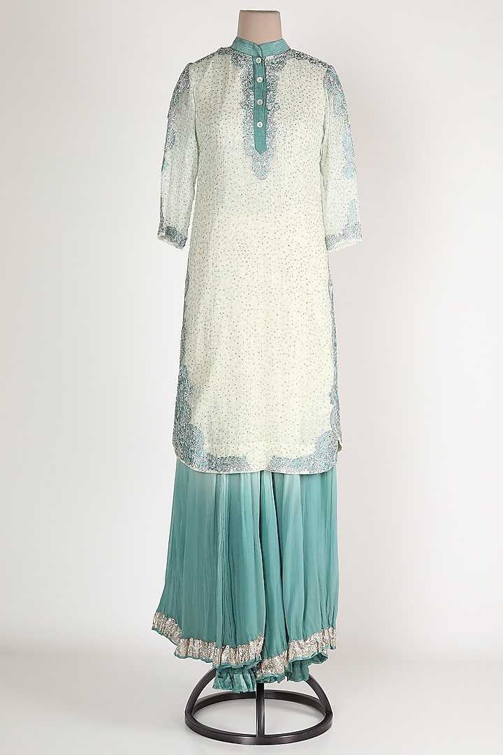 White & Teal Blue Embroidered Sharara Set by Verb by Pallavi Singhee